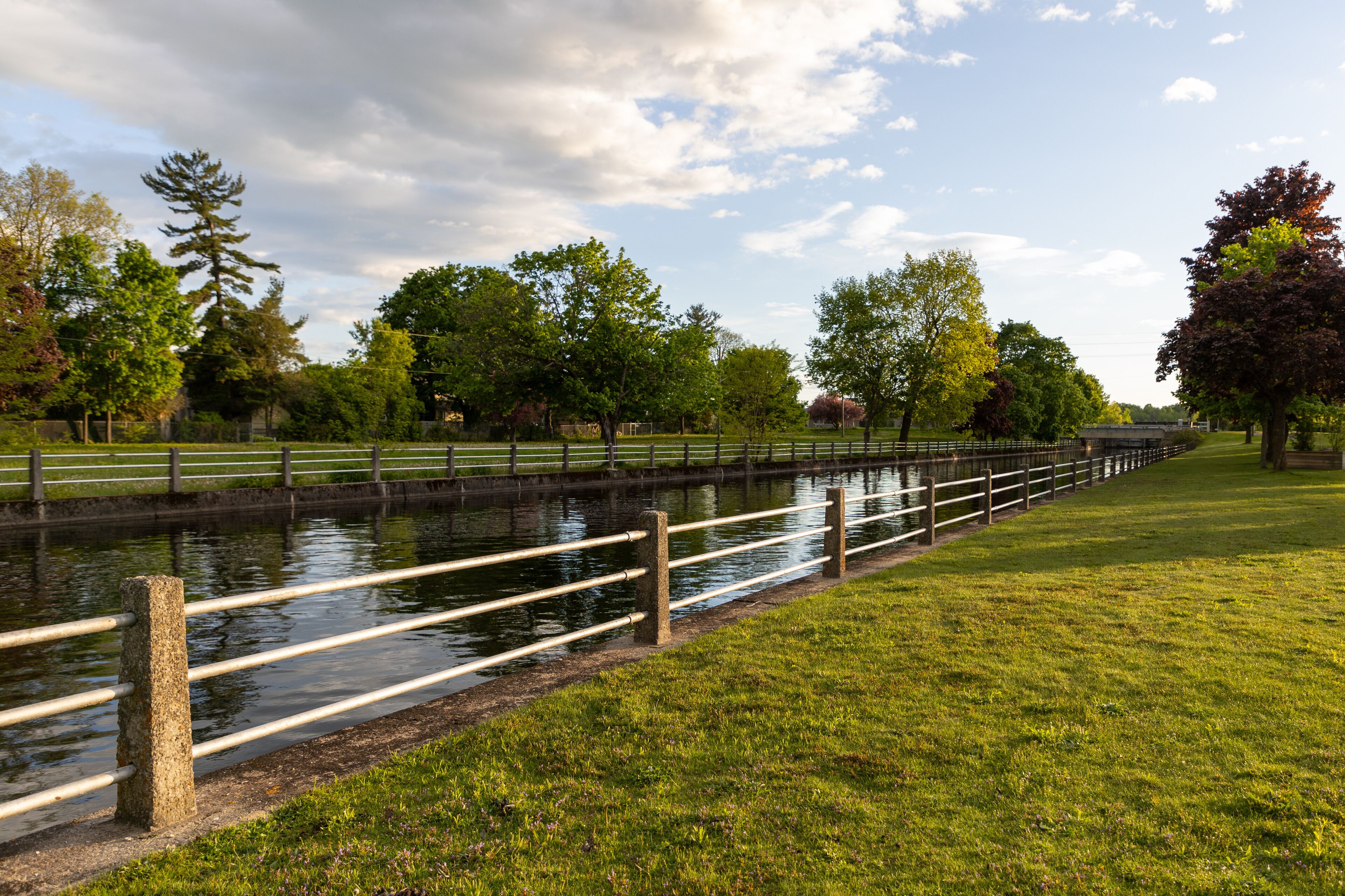 A canal with a wooden fence, grassy banks, and trees in a park.