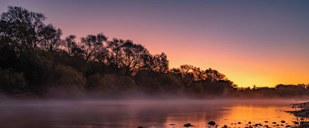 Early morning on the Grand River.  Fall is a great time of year in Ontario because not only are the leaves changing colours, but there is usually a mist on the water early in the morning.
When I woke up and started driving to this spot close to #MyBackyard I wasn't optimistic because there were no clouds in the sky for the sun to light up.  I was pleasantly surprised when the horizon started to turn orange and pink just before the sun rose.
Cambridge, Kitchener and Waterloo are all great cities for photography as there are many trails that run along the Grand River.