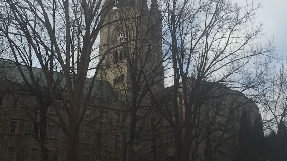 Un edificio histórico con una aguja alta, rodeado de árboles sin hojas y un suelo cubierto de nieve.