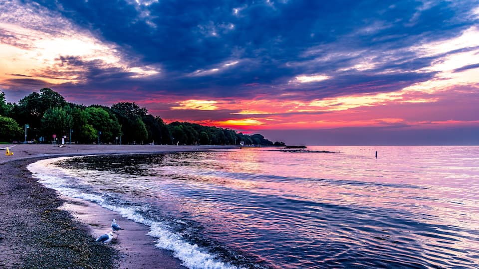 dawn over kew beach toronto with firey red orange and blue sky reflected in the water of lake ontario white foam at waters edge room for text