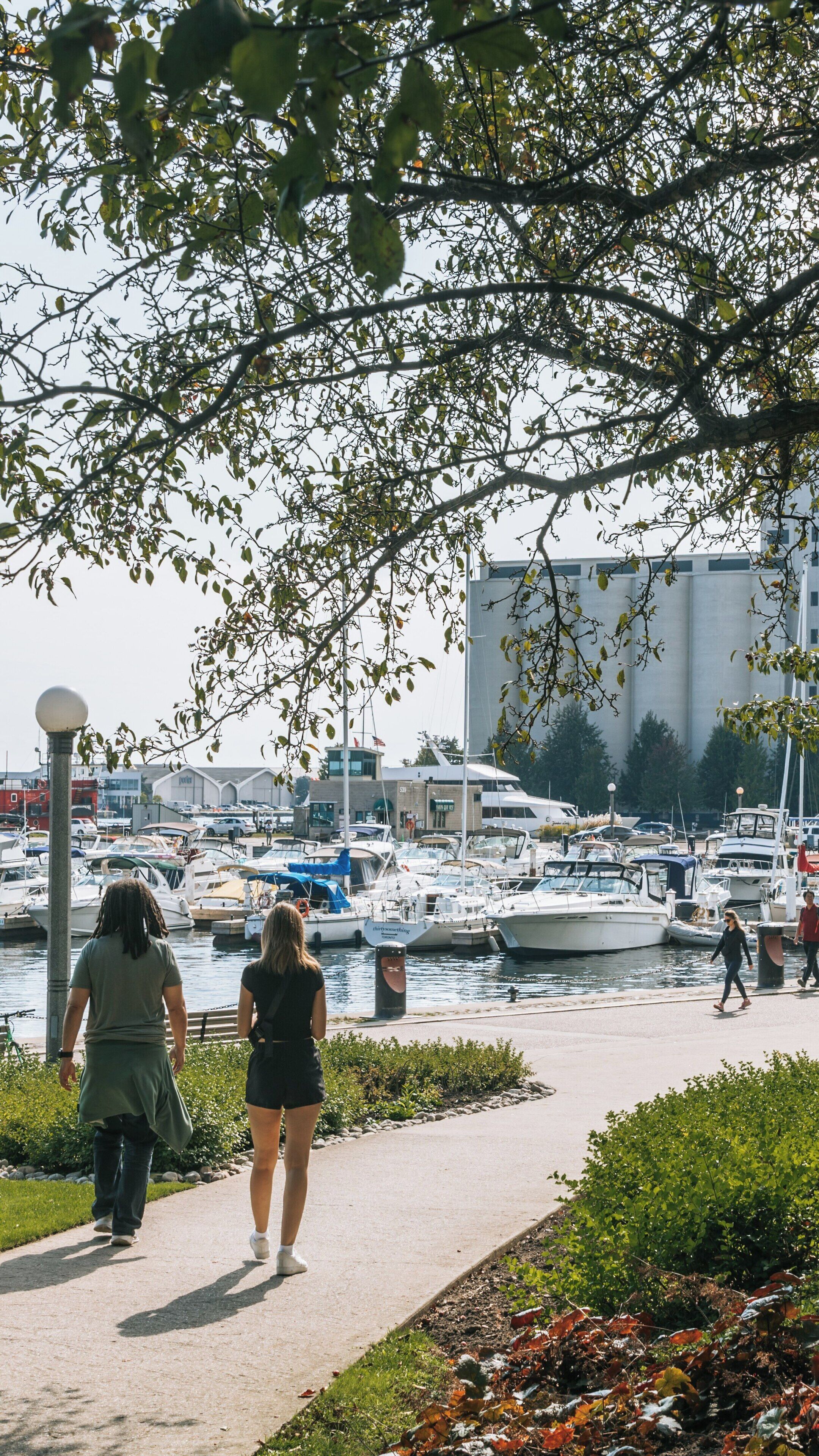 Visitors enjoy a stroll in Toronto Music Garden near the waterfront with boats docked in the marina on a sunny day in Ontario, Canada