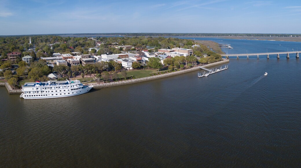 Aerial panoramic view of Beaufort, South Carolina with cruise ship in port.