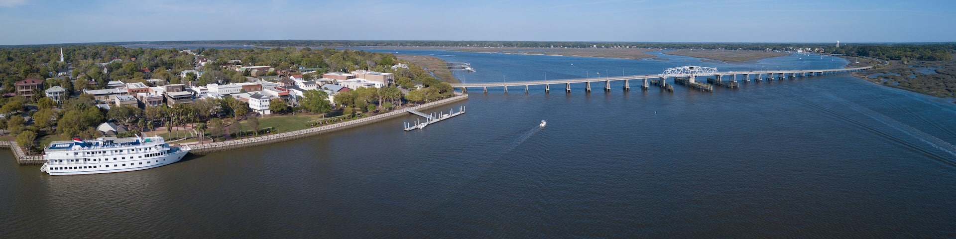 Aerial panoramic view of Beaufort, South Carolina with cruise ship in port.