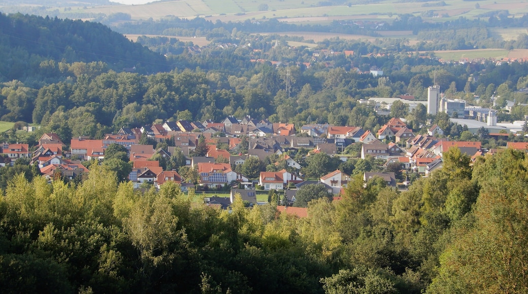 Blick auf den Osteroder Ortsteil Katzenstein, in der rechten Bildhälfte die Kreisverkehrsbetriebe und Feuerwehrtechnische Zentrale des Landkreises Osterode am Harz (Gebäude mit Turm)