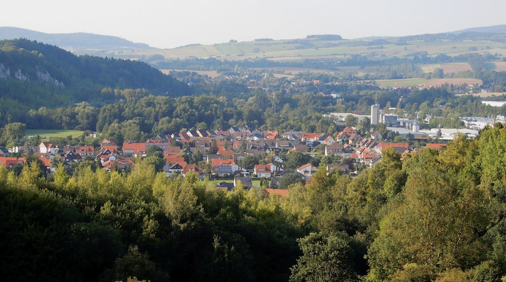 Blick auf den Osteroder Ortsteil Katzenstein, in der rechten Bildhälfte die Kreisverkehrsbetriebe und Feuerwehrtechnische Zentrale des Landkreises Osterode am Harz (Gebäude mit Turm)