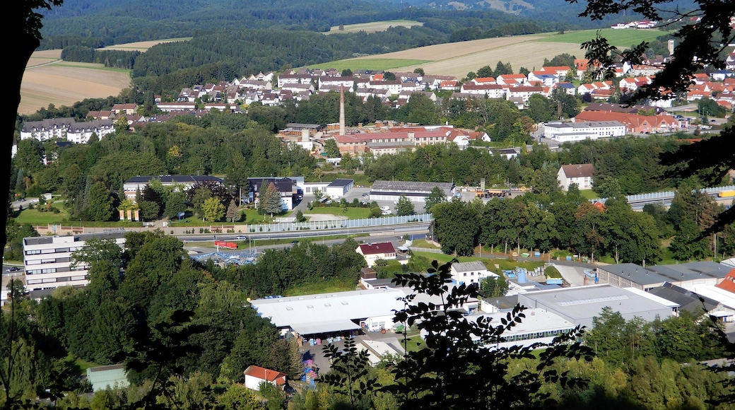 Blick auf Osterode von den Kalkbergen zum Sägewerk und Harzenergie ins Bremketal
