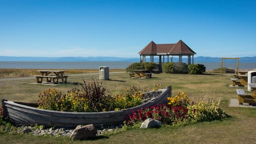 Un quiosco, mesas de picnic, un bote y flores silvestres junto a un lago con montañas al fondo.