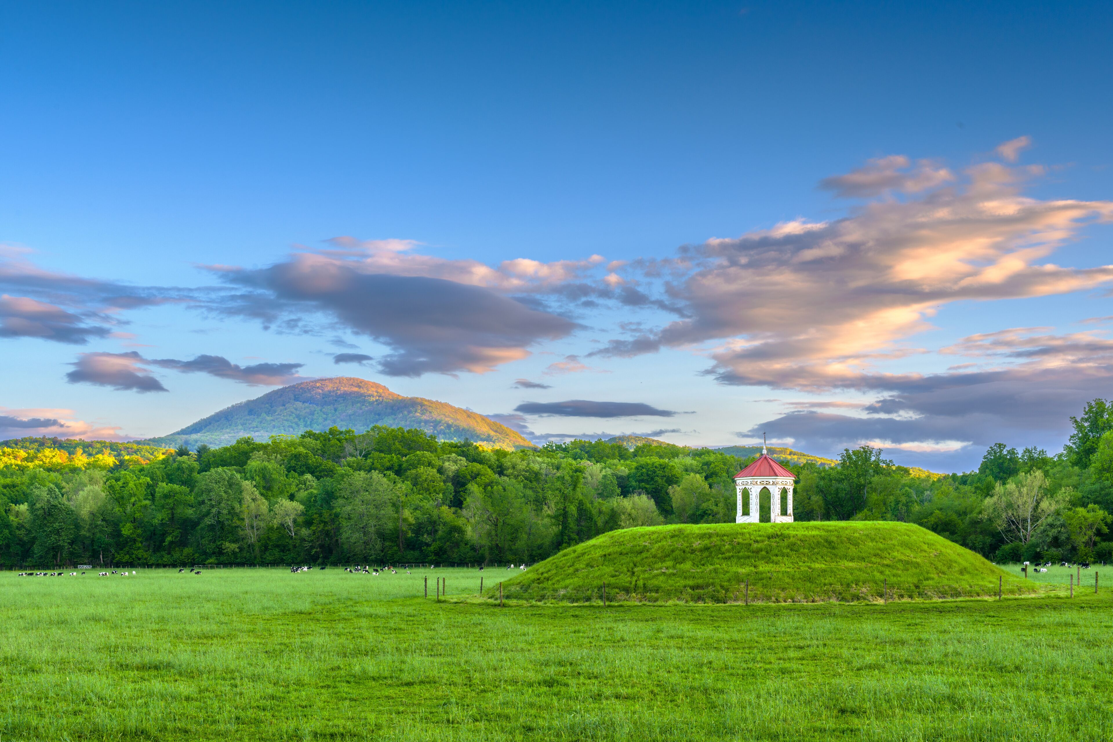 Un campo verde con un pabellón blanco y una montaña al fondo.