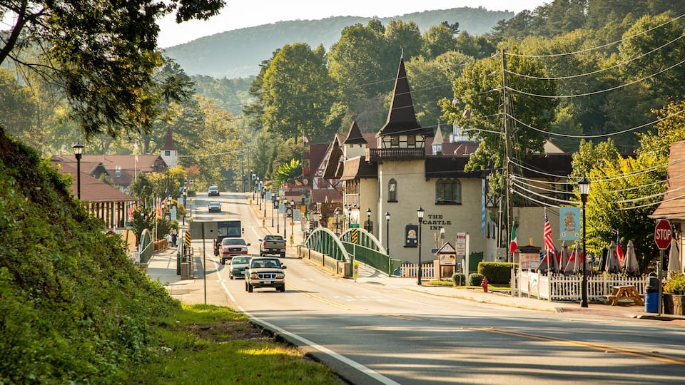A town street with historic buildings, a bridge, and a hill in the background.
