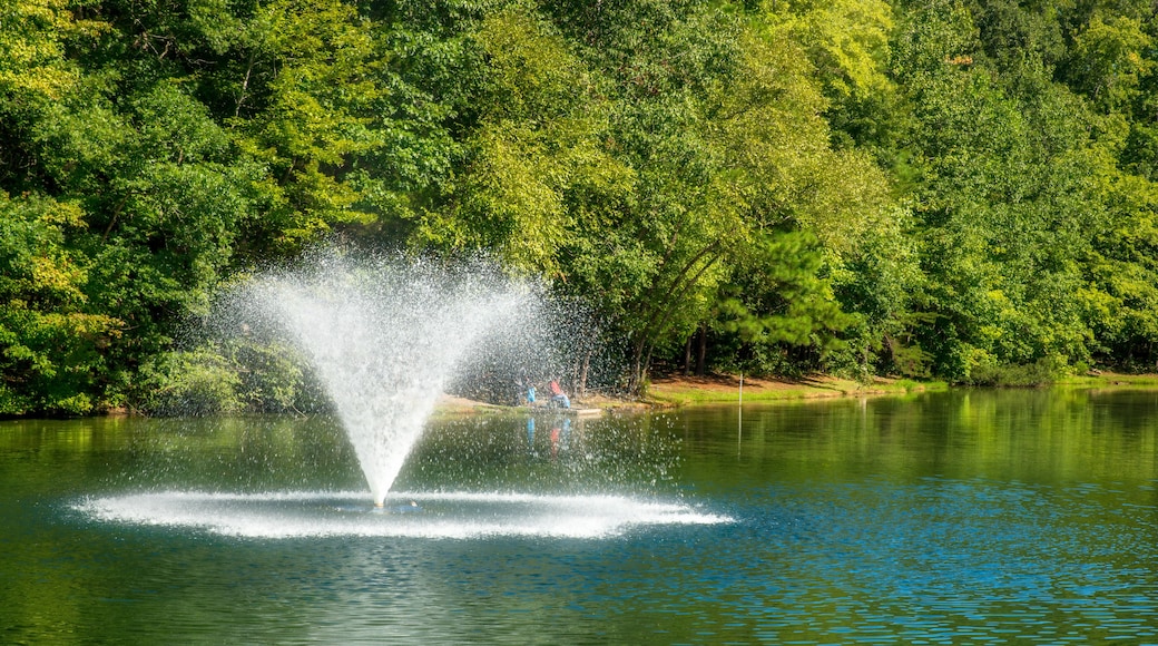 Fountain on lake colorful lake with reflections of trees