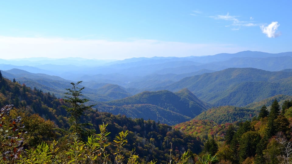 A mountainous landscape with dense forests and rolling hills under a clear blue sky.