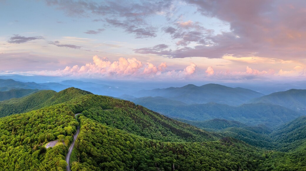 Evening mountain landscape of forest road in North Carolina Appalachians, USA. Blue Ridge Parkway American highway in summer season