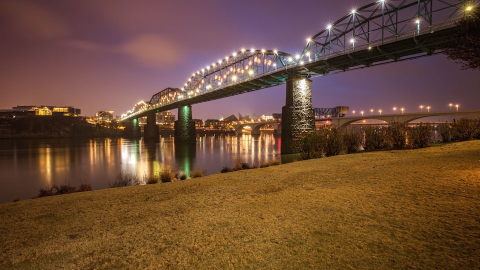 A lit bridge over a calm river at night with city lights in the background.