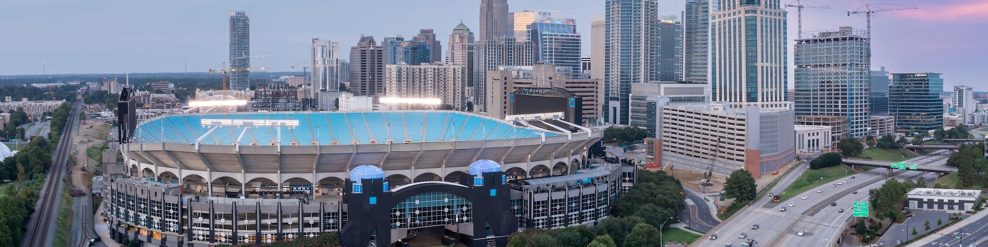Bank of America Stadium and downtown city skyline of skyscrapers, Charlotte, North Carolina, United States.