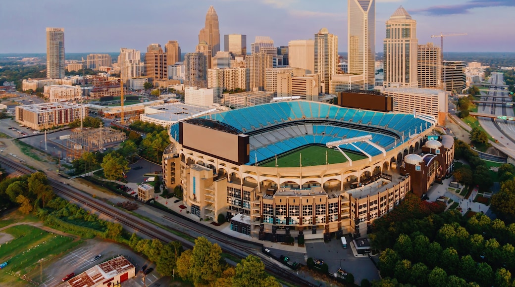 Bank of America Stadium and downtown city skyline of skyscrapers, Charlotte, North Carolina, United States.