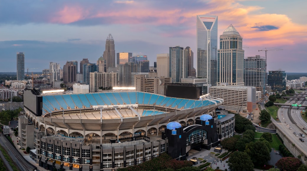 Bank of America Stadium and downtown city skyline of skyscrapers, Charlotte, North Carolina, United States.