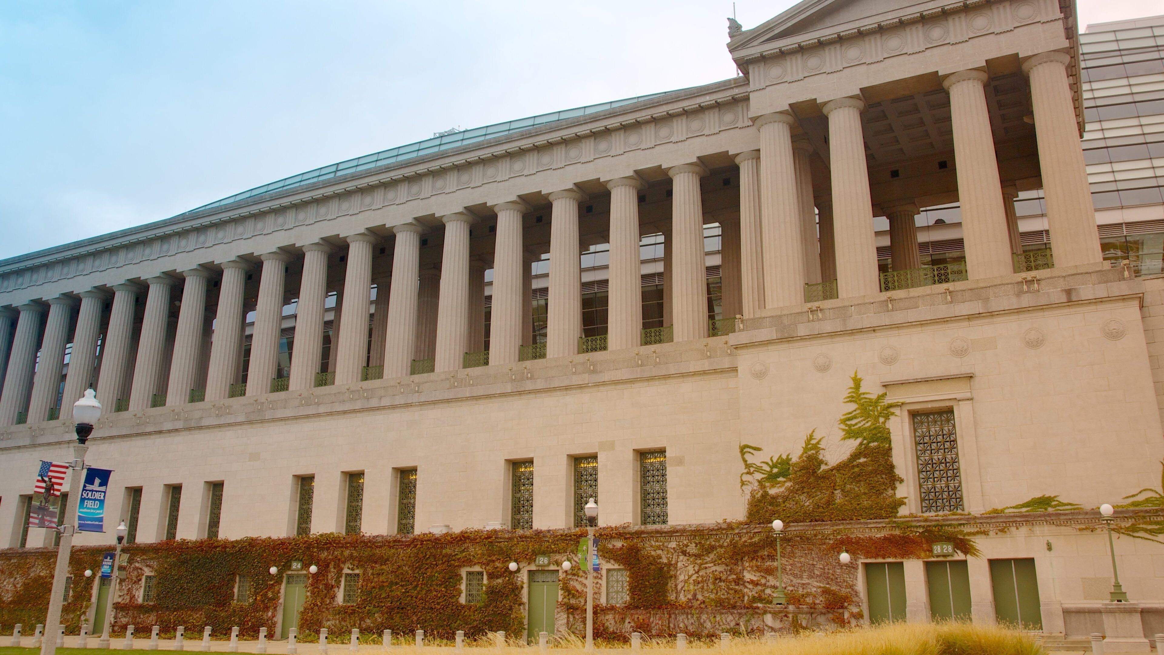 Soldier Field which includes heritage architecture and a city