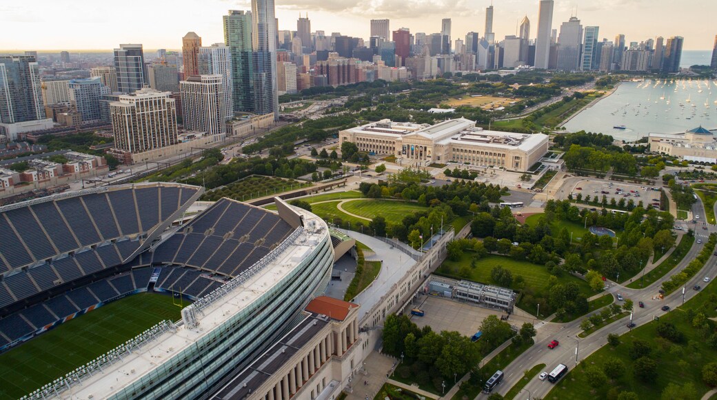 Aerial image of Soldier Field and Downtown Chicago