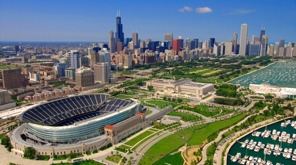 Soldier Field which includes a high-rise building, a city and modern architecture