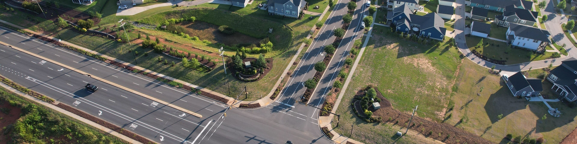 Suburban intersection in Riverwalk development in Rock Hill, SC