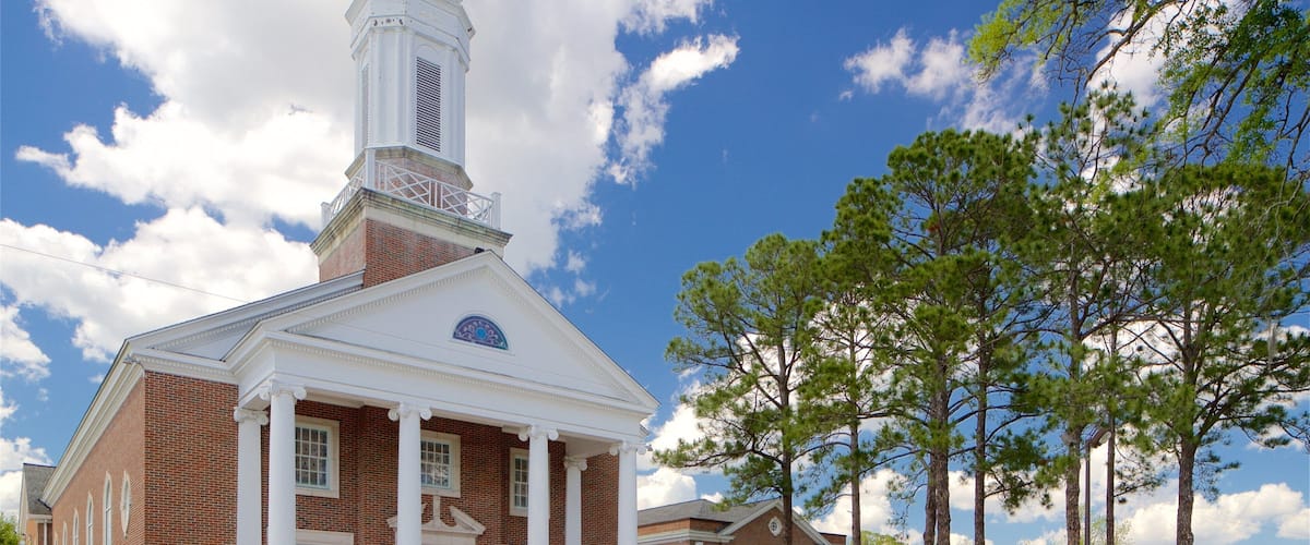 A brick church with a white steeple and columns, surrounded by trees and a clear sky.