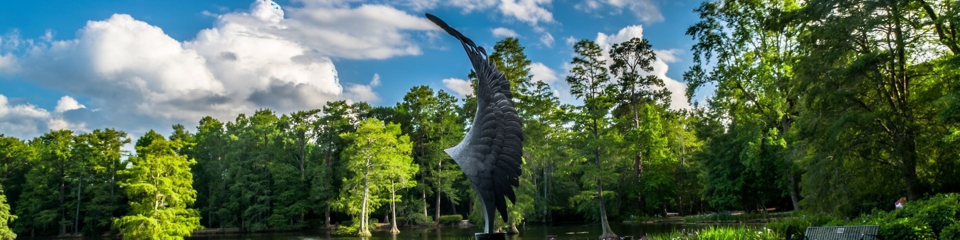Swan wing statue at the Swan Lake park in SC. The only public park in the United States to feature all eight swan species, Swan Lake-Iris Gardens is also home to some of the nation's most intensive plantings ...