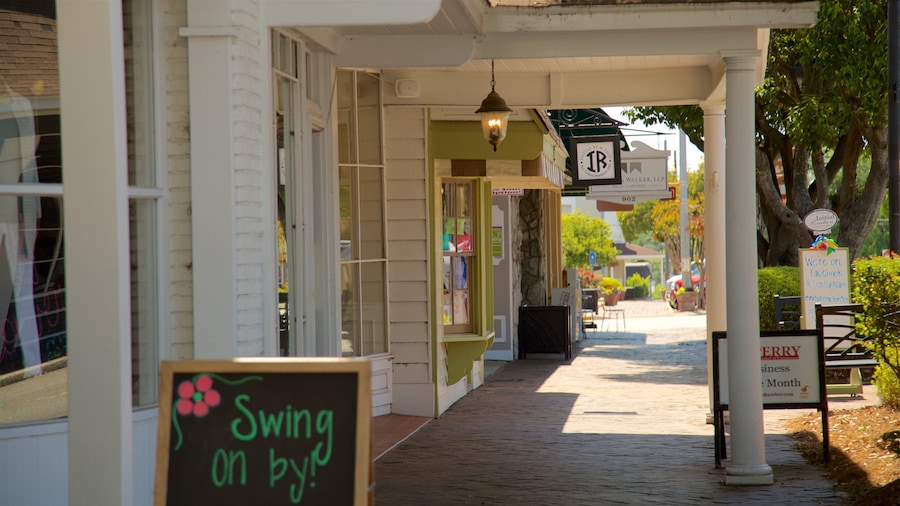 A sidewalk with a sign that reads "Swing on by!" and another sign indicating "Initial Reaction" and "We're on Facebook & Instagram."