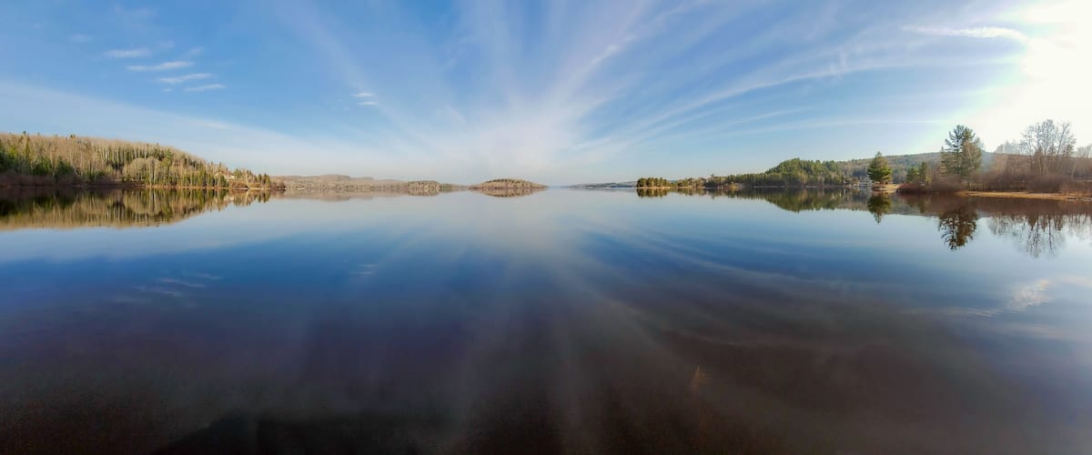 A calm lake with reflections of trees and a clear sky.