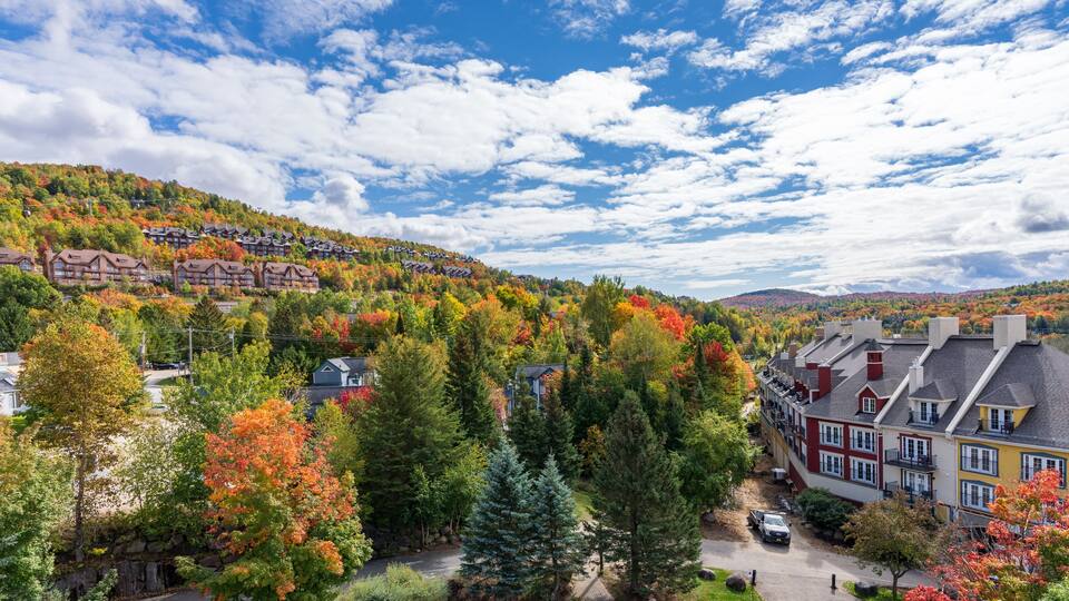 Aerial view of Mont Tremblant Resort in autumn. Mont-Tremblant, Quebec, Canada.