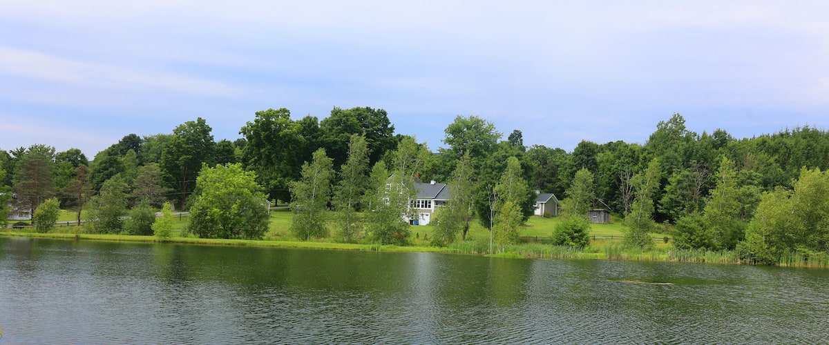 A lake with a house surrounded by trees and a grassy area.