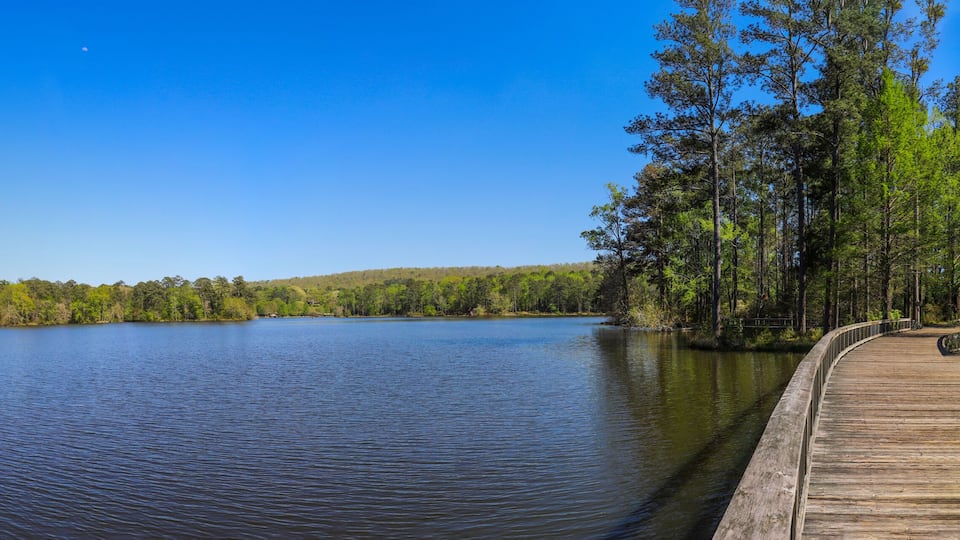 a gorgeous summer landscape in the garden with a vast blue lake and brown wooden bridge surrounded by lush green trees, grass and plants with blue sky at Callaway Gardens in Pine Mountain Georgia USA
