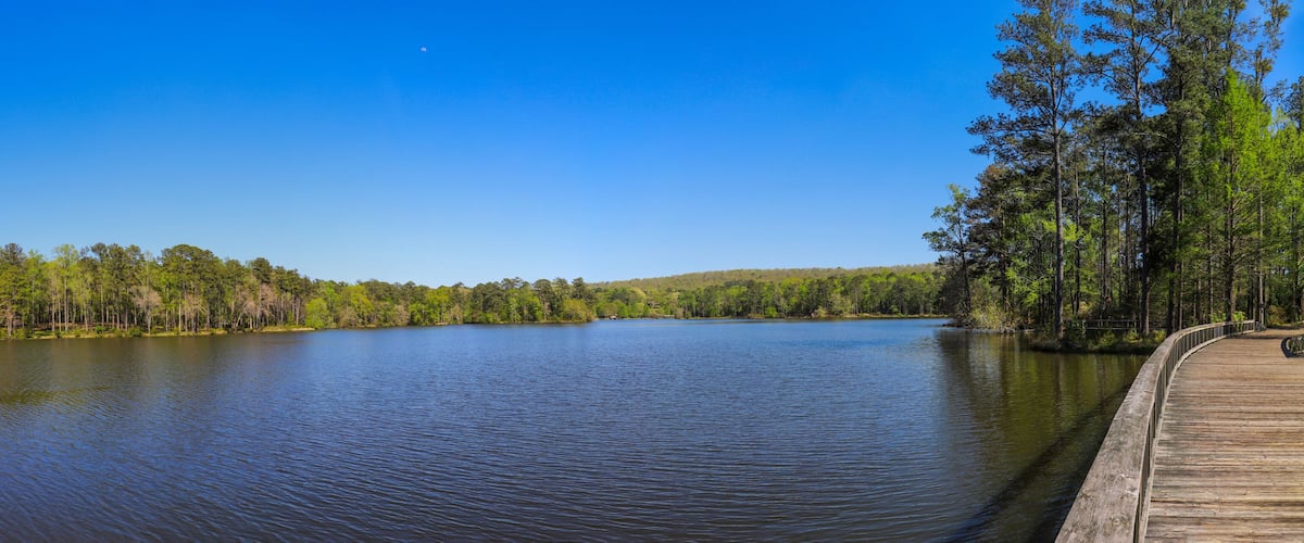 a gorgeous summer landscape in the garden with a vast blue lake and brown wooden bridge surrounded by lush green trees, grass and plants with blue sky at Callaway Gardens in Pine Mountain Georgia USA