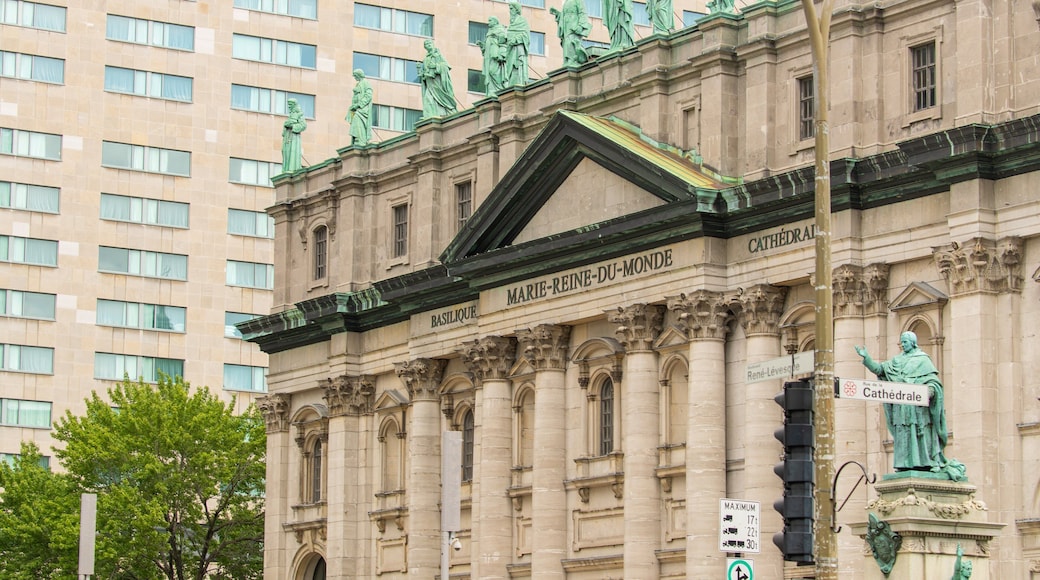 Downtown Montreal featuring heritage architecture and signage
