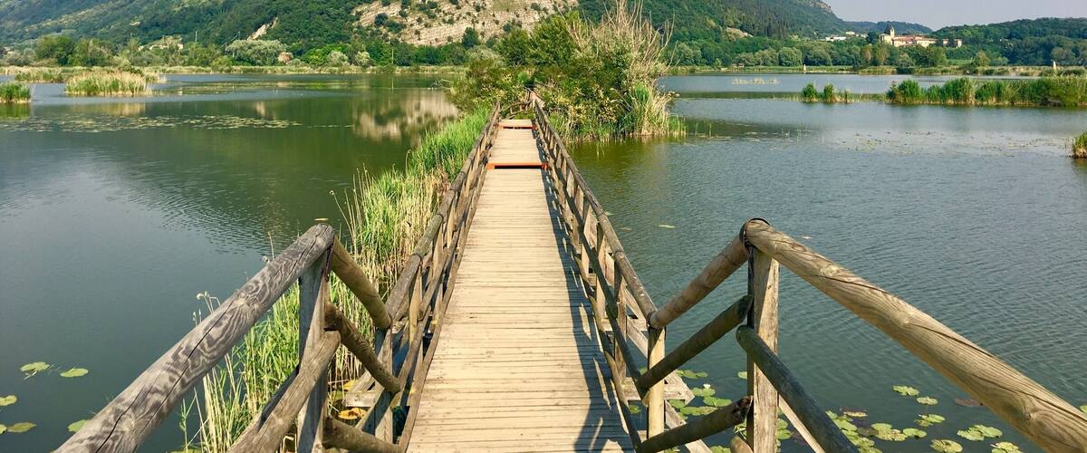 A wooden bridge over a calm river with mountains in the background.