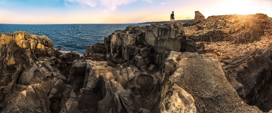 10 shots panorama
thanks to my mate who posed for this photo
---
The bay of Porto Miggiano is located in the town of Santa Cesarea Terme, one of the best destinations to spend the holidays in Puglia, located in the east coast of Salento.
La Torre Miggiano was probably built in the sixteenth century to protect the port and to the defense of the miners working quarries carparo stone and sent the segments throughout the county to provide useful material for construction.
Now these ancient ruined structures create a unique landscape, surrounded by clear water that flows into the bay of Porto Miggiano.