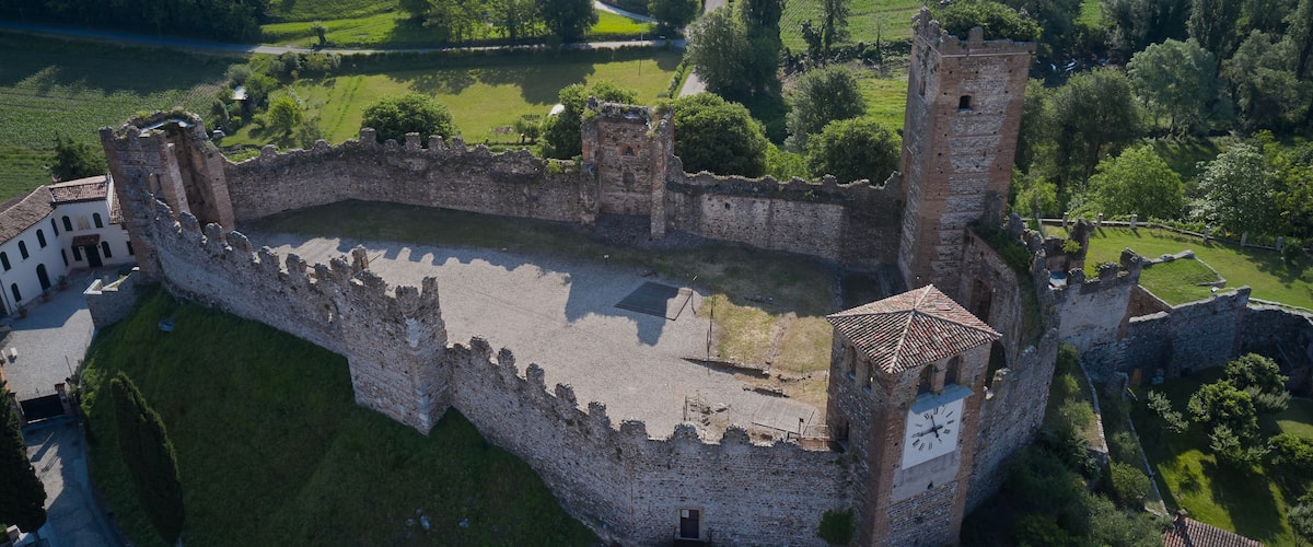 An aerial view of a medieval castle with a moat, surrounded by lush green fields and a river.