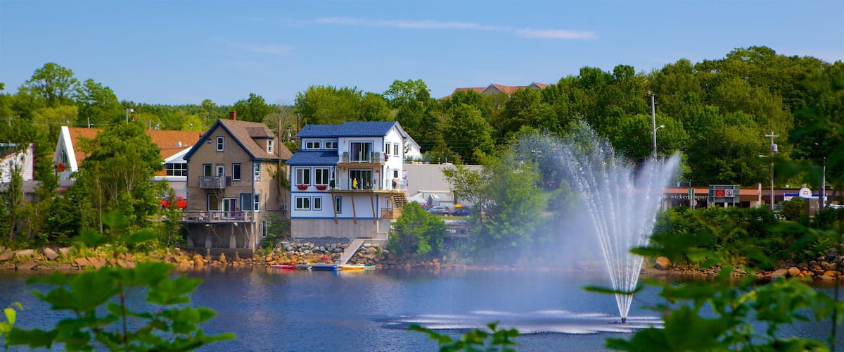 A lake with a fountain, houses, and trees.