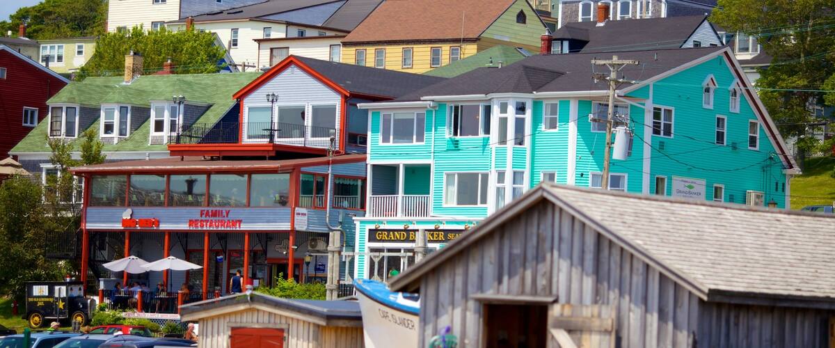 A colorful waterfront town with a family restaurant, a Grand Baker Seafood restaurant, and a dock with a boat named Cape Islander.