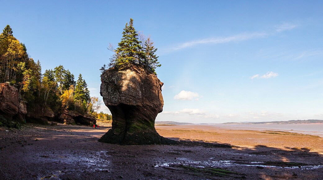 A coastal landscape with a prominent rock formation, a beach, and a distant shoreline.