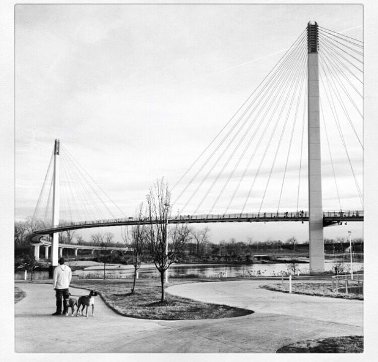 Bob Kerrey Pedestrian Bridge connecting Nebraska to Iowa over the Missouri River.