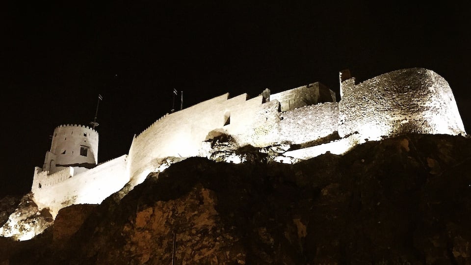 Very fun to walk the Corniche at night in Muscat. Stop and shop at the Souq, grab a bite to eat, and wander among the water.