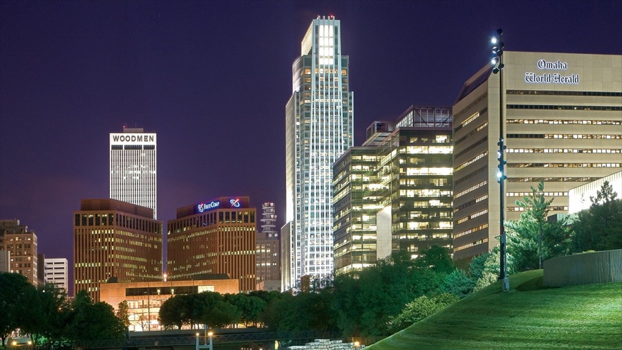 Downtown Omaha featuring a high-rise building, modern architecture and night scenes