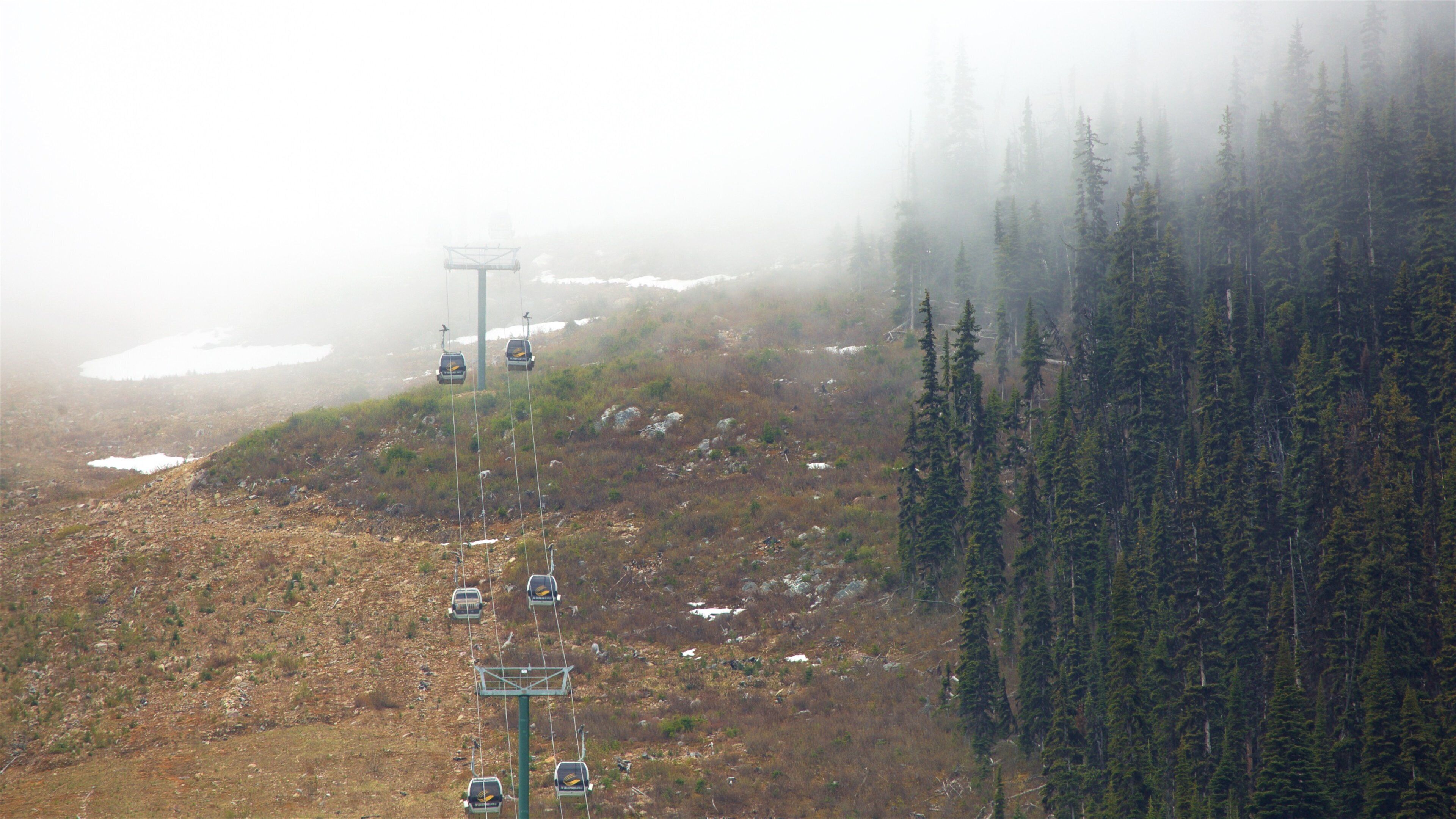 Kootenay Rockies showing a gondola and mist or fog