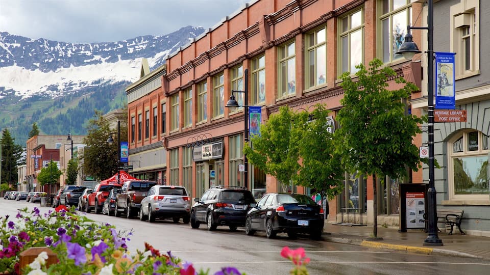 A street lined with parked cars, a Heritage Library, and a Post Office.