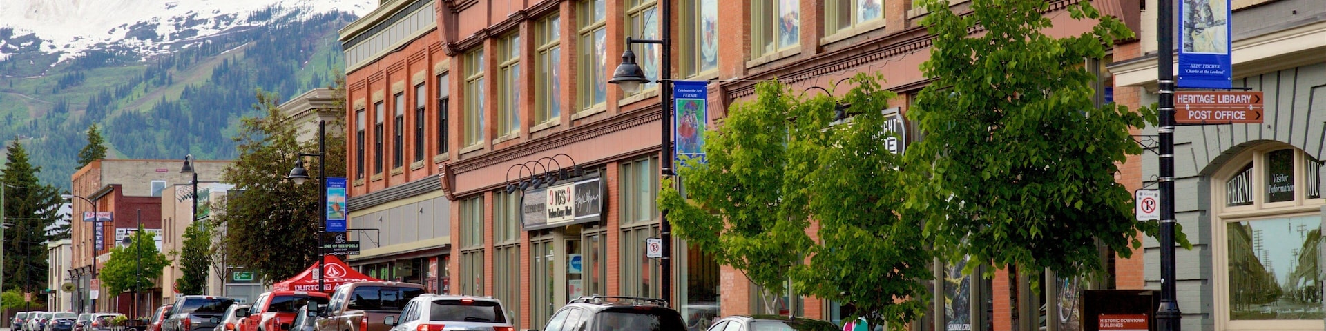 A street lined with parked cars, a Heritage Library, and a Post Office.