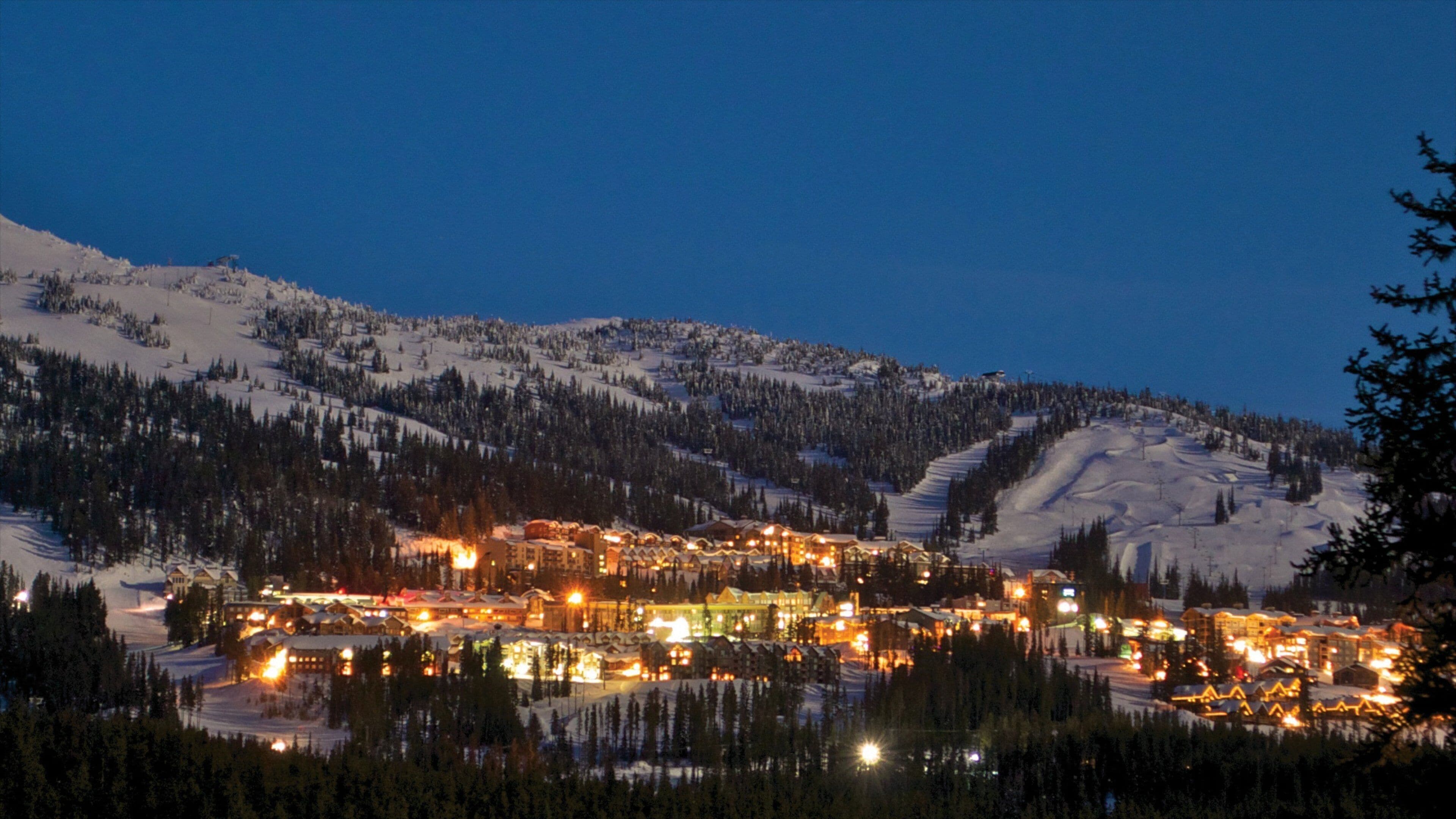Big White Ski Resort showing night scenes, a small town or village and snow