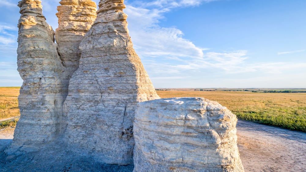 A landscape with prominent rock formations.