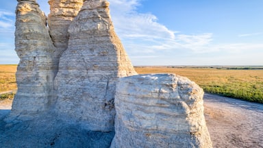 A landscape with prominent rock formations.