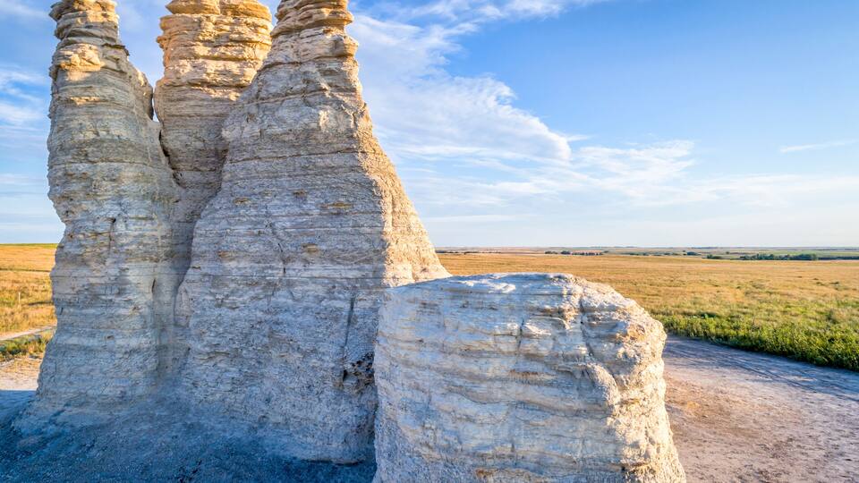A landscape with prominent rock formations.