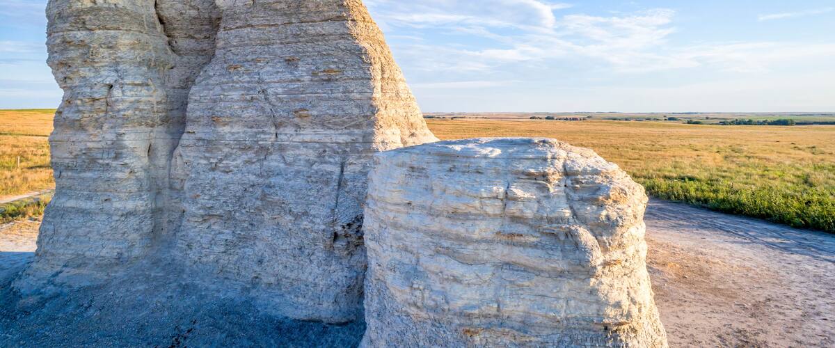 A landscape with prominent rock formations.